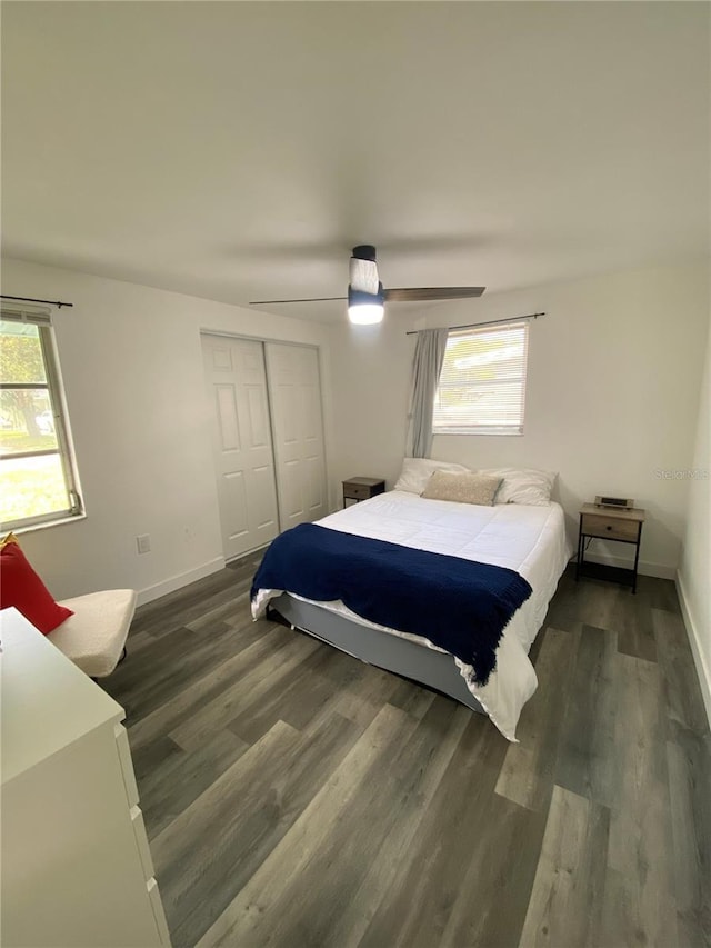 bedroom with dark wood-type flooring, a closet, and ceiling fan