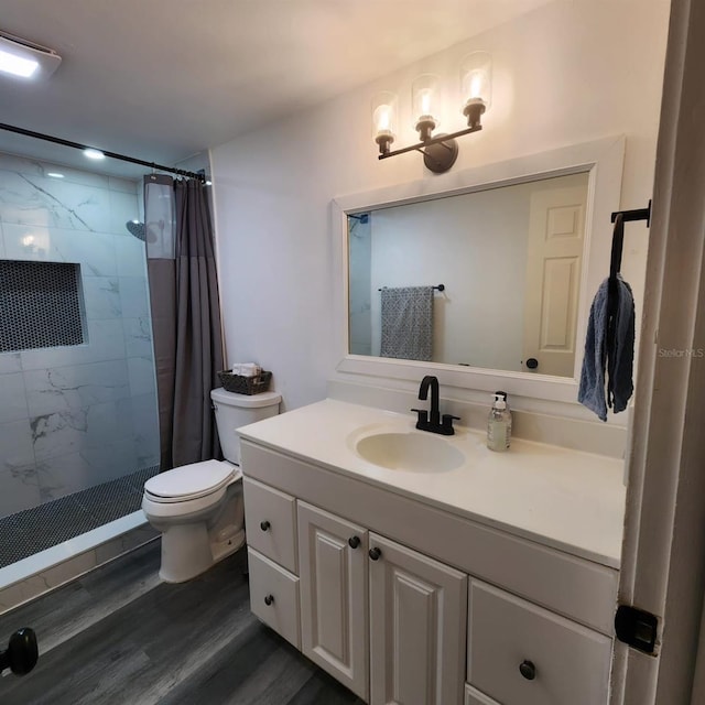 bathroom with vanity, wood-type flooring, toilet, and a shower with curtain