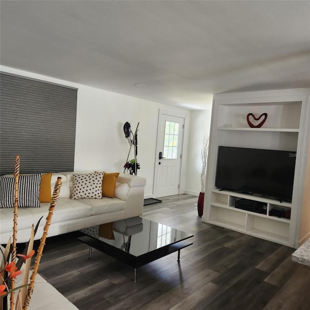 living room featuring dark hardwood / wood-style flooring and built in features