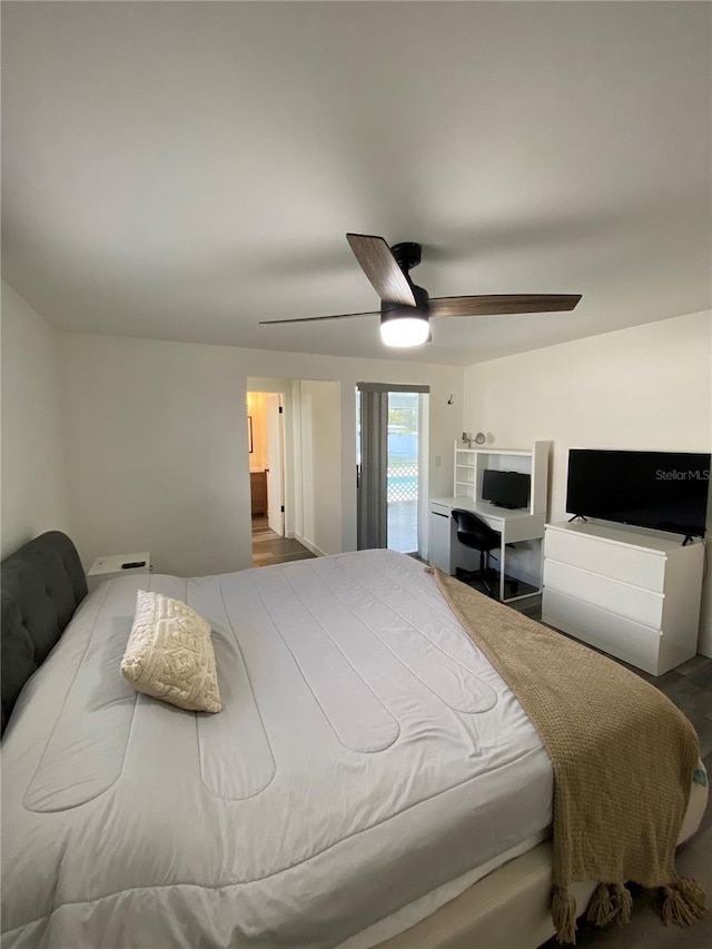 bedroom featuring access to outside and ceiling fan