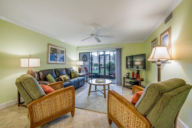 living room featuring light tile patterned floors, ceiling fan, and ornamental molding