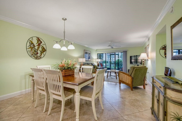 dining area with light tile patterned floors, baseboards, crown molding, and ceiling fan with notable chandelier