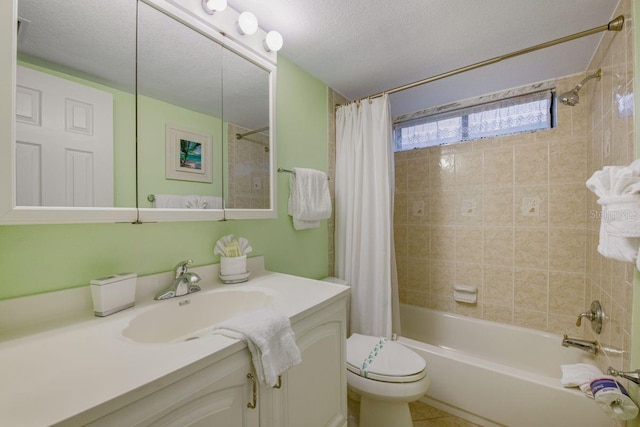 full bath with a textured ceiling, toilet, shower / bath combination with curtain, and vanity