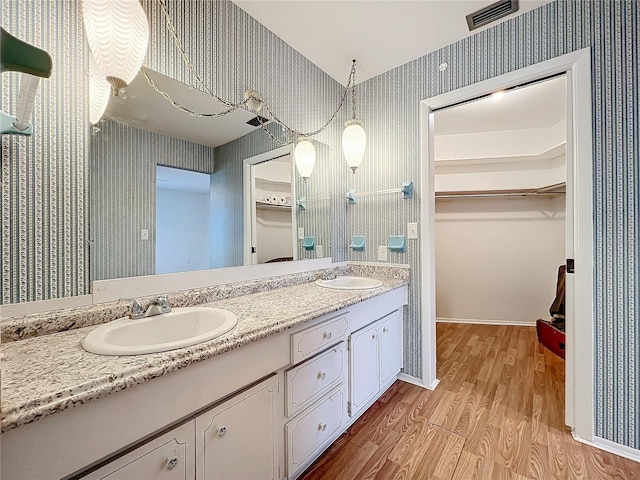 bathroom with hardwood / wood-style floors and vanity