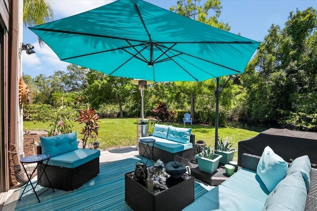 deck with a yard and an outdoor hangout area