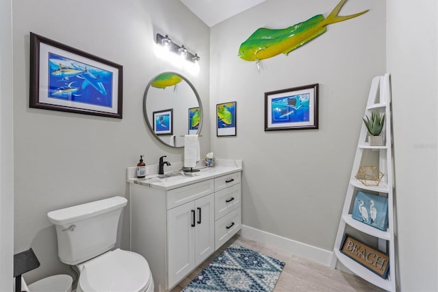 bathroom featuring hardwood / wood-style flooring, vanity, and toilet