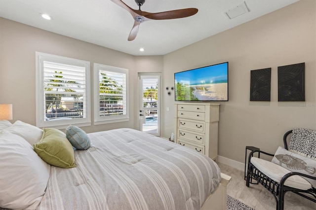 bedroom featuring ceiling fan and access to outside