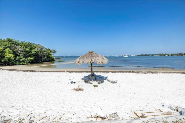 view of water feature with a beach view