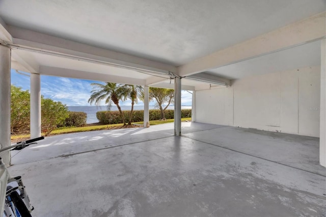 garage with a water view