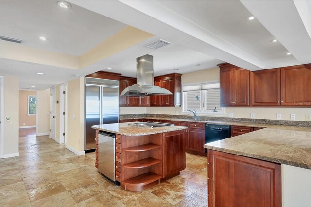 16 Tidy Island Blvd Unit 16, Bradenton, FL 34210 - kitchen with stainless steel built in refrigerator, island range hood, dishwasher, open shelves, and cooktop