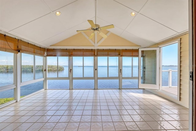16 Tidy Island Blvd Unit 16, Bradenton, FL 34210 - unfurnished sunroom featuring vaulted ceiling, a water view, healthy amount of natural light, and recessed lighting