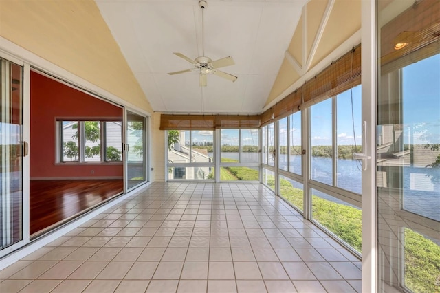 16 Tidy Island Blvd Unit 16, Bradenton, FL 34210 - unfurnished sunroom with a water view, a ceiling fan, and vaulted ceiling