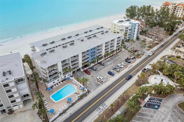 bird's eye view with a view of the beach and a water view