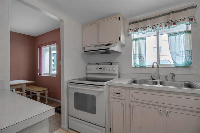 kitchen with white range with electric cooktop, sink, and light tile patterned flooring