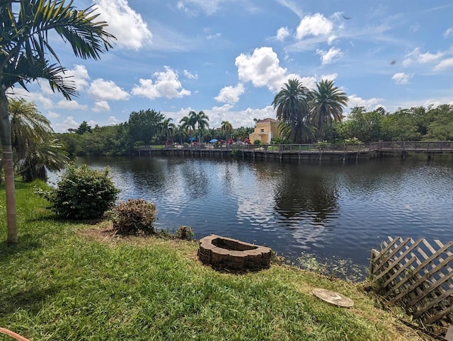 view of water feature featuring a fire pit