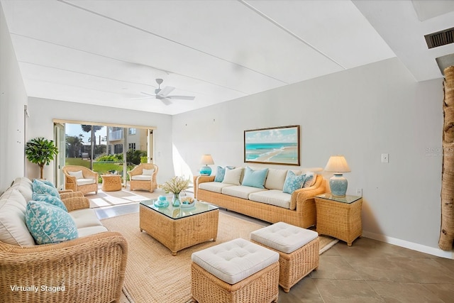 living room featuring ceiling fan