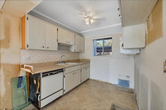 kitchen featuring white dishwasher, sink, ornamental molding, and ceiling fan