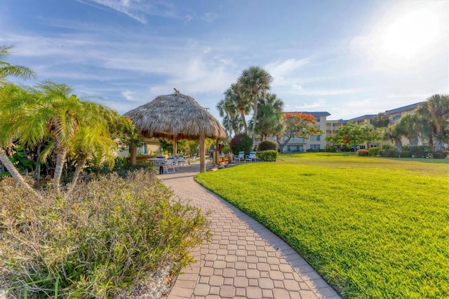 view of community featuring a gazebo and a yard