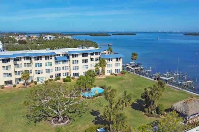 aerial view featuring a water view