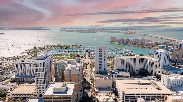 aerial view at dusk with a water view