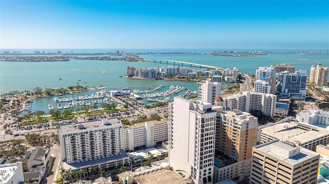 bird's eye view with a water view