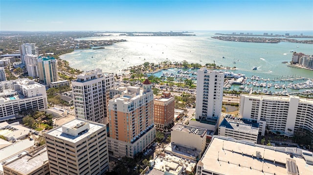 drone / aerial view featuring a water view