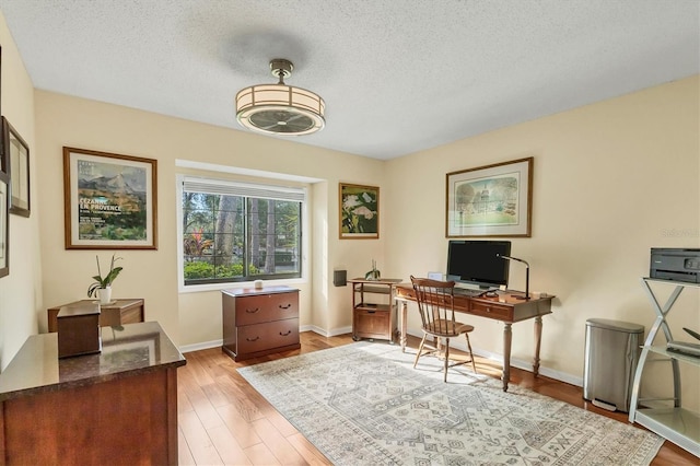 office with light hardwood / wood-style floors and a textured ceiling