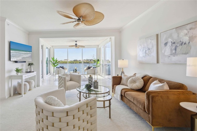 living room featuring light colored carpet and crown molding