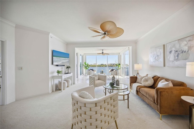 carpeted living room with crown molding