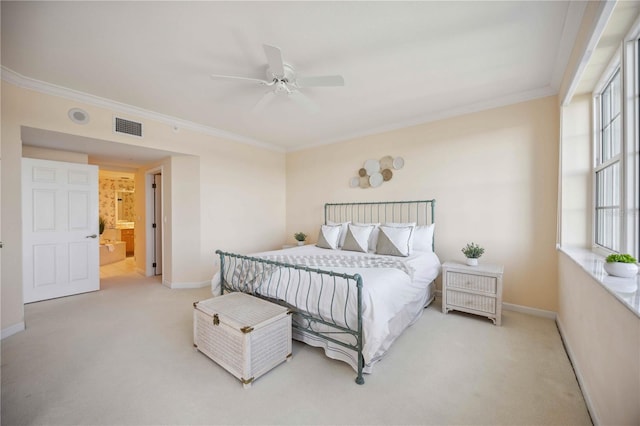 bedroom with light carpet, ensuite bath, ceiling fan, and ornamental molding