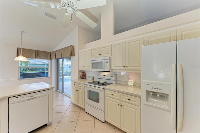 kitchen with ceiling fan, tasteful backsplash, decorative light fixtures, white appliances, and light tile patterned floors