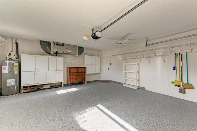 garage with electric water heater, a garage door opener, and ceiling fan