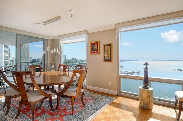 dining room featuring expansive windows, a water view, and light parquet flooring