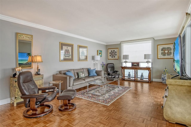 living room featuring parquet floors and ornamental molding