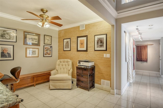 tiled office space featuring crown molding, ceiling fan, and track lighting