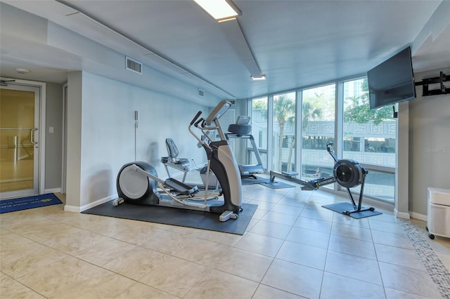 workout area with light tile patterned floors and a wall of windows