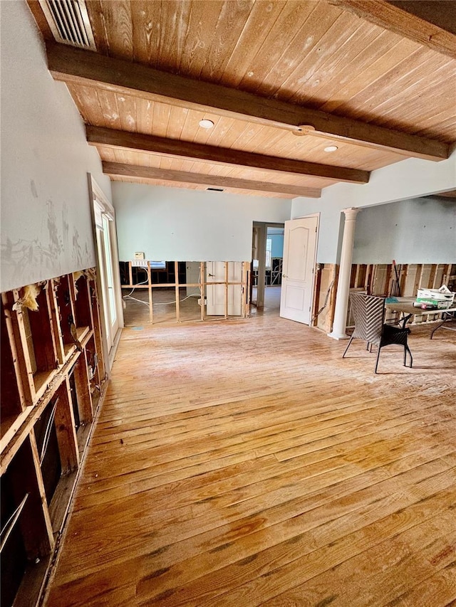 unfurnished living room with light hardwood / wood-style floors, wooden ceiling, and beam ceiling