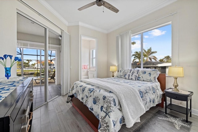 bedroom with ensuite bathroom, ornamental molding, access to outside, ceiling fan, and dark hardwood / wood-style floors