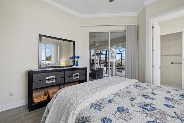 bedroom with access to exterior, multiple windows, dark hardwood / wood-style floors, and ornamental molding