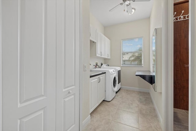 clothes washing area with cabinets, light tile patterned floors, separate washer and dryer, and ceiling fan