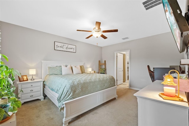 bedroom featuring ceiling fan and light colored carpet