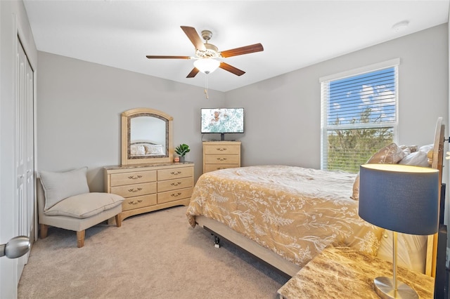 bedroom featuring carpet floors, ceiling fan, and a closet