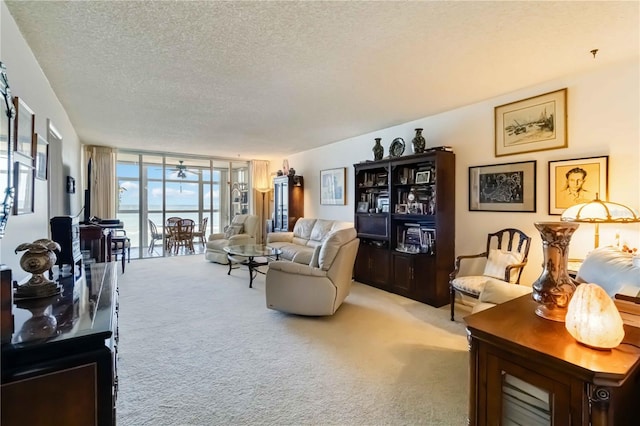 carpeted living room with expansive windows and a textured ceiling