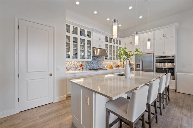 kitchen featuring stainless steel appliances, light wood-style flooring, decorative backsplash, a sink, and under cabinet range hood