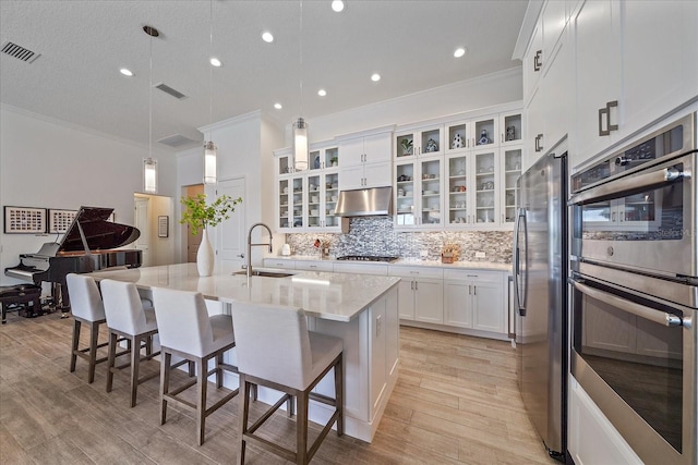 kitchen with under cabinet range hood, visible vents, appliances with stainless steel finishes, and a sink