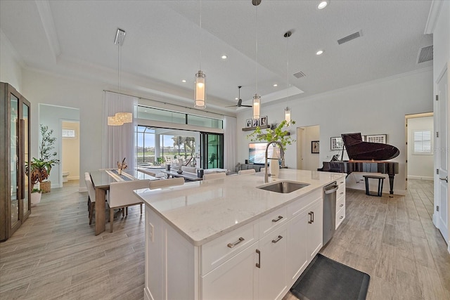 kitchen featuring a sink, open floor plan, a raised ceiling, and visible vents