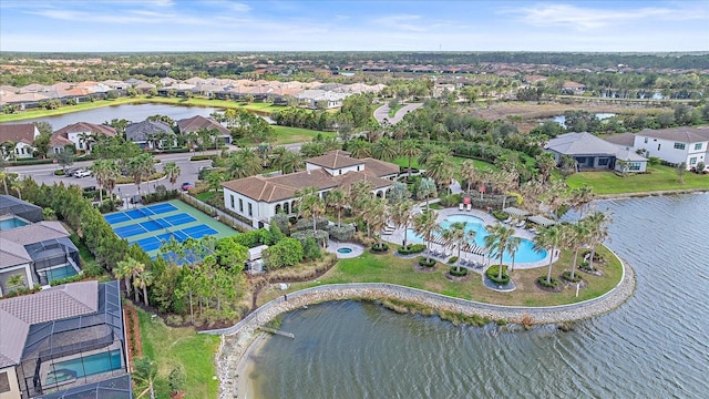 aerial view with a water view and a residential view