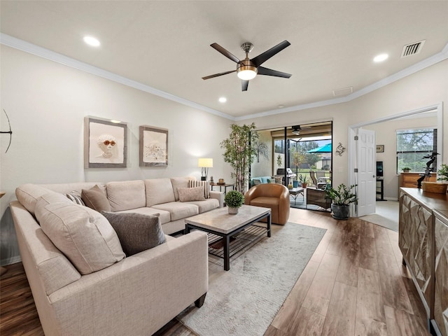 living room featuring hardwood / wood-style flooring, a wealth of natural light, crown molding, and ceiling fan