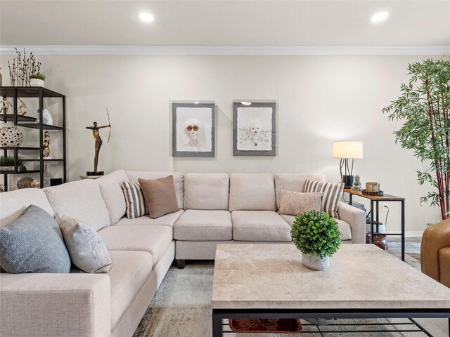 living room with crown molding