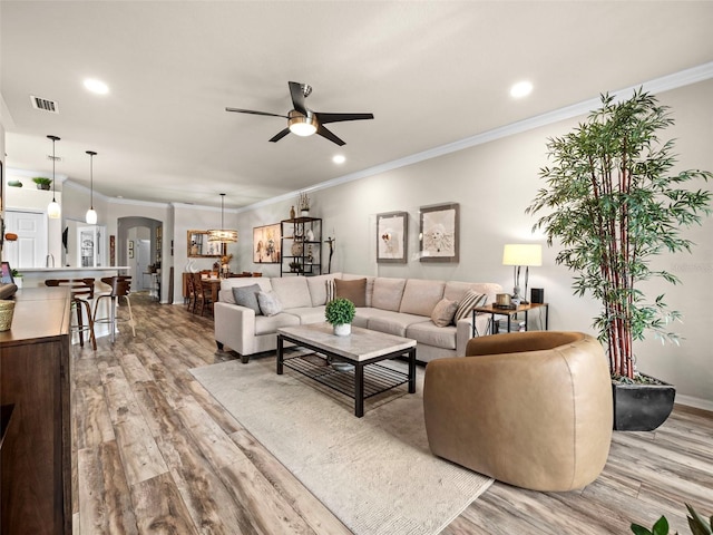 living room with ceiling fan, light wood-type flooring, and crown molding